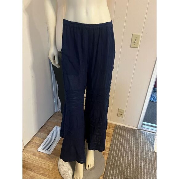 Lobos Del Mar Navy Blue Boho Cotton Gauze Gaucho Style Wide Leg Bell Bottoms OSF - Picture 1 of 10